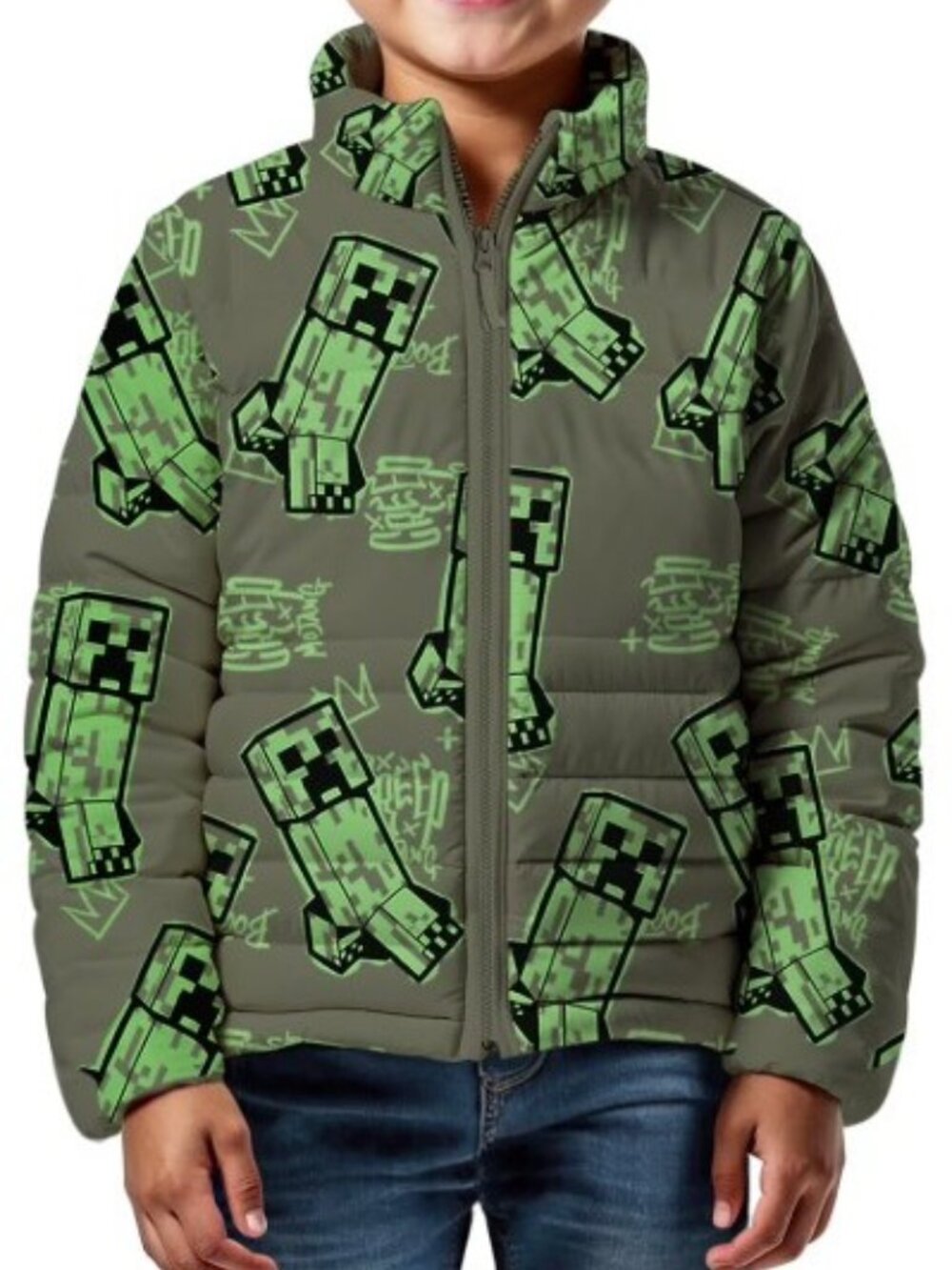 NEW Minecraft Boys Creeper Zip Puffer Jacket Lightweight Size 14 Zippered Size:
